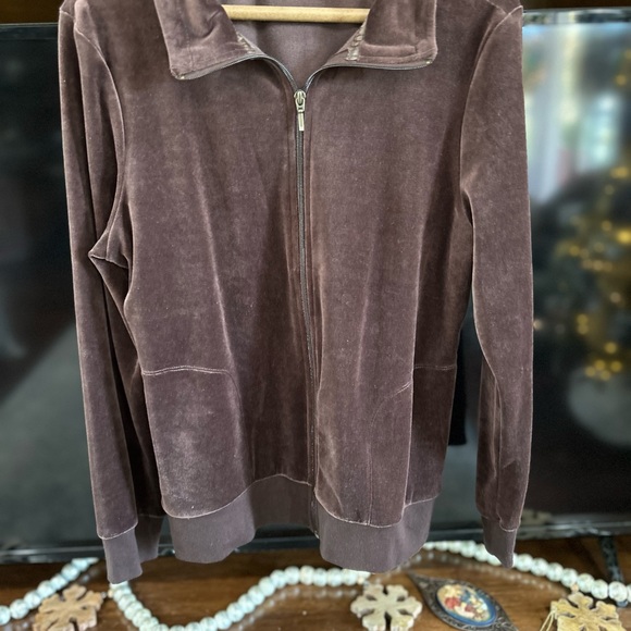 Vintage Hanes chocolate brown Velour Zip Jacket Top Size Large - Picture 7 of 9